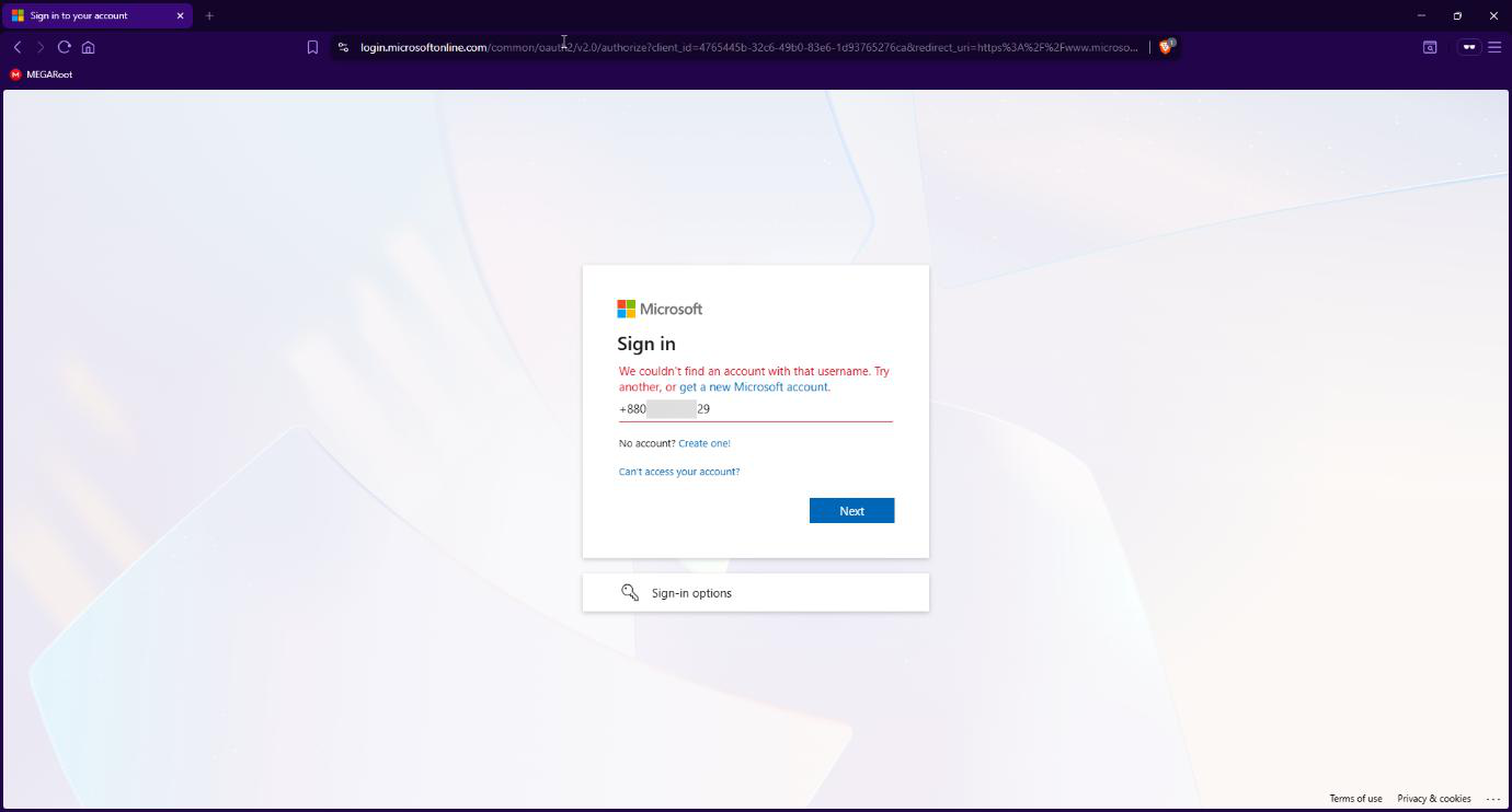 My account sign-in page showing the error returned when a phone number is entered before the user has verified it
