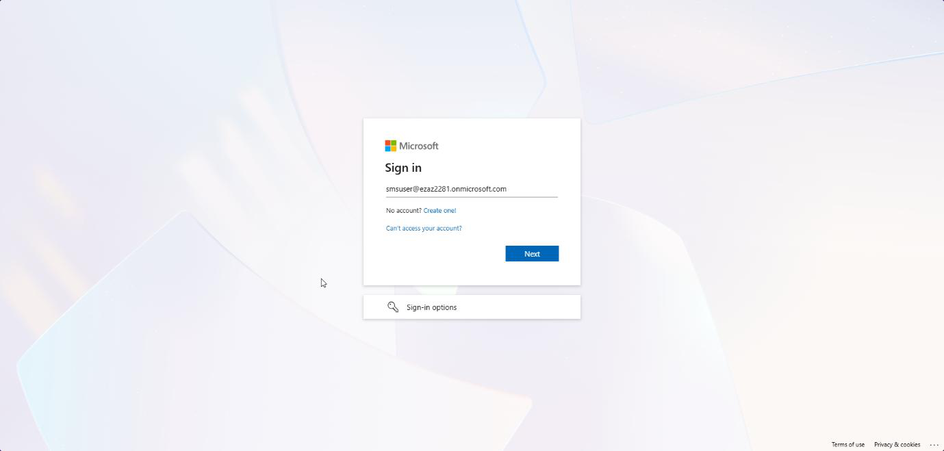 Standard Microsoft sign-in page where the user types their UPN smsuser tenant onmicrosoft com to log in normally
