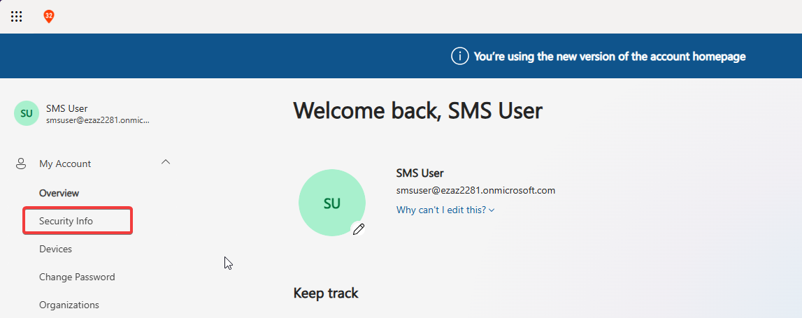 My account home page after the user logs in with their UPN and password successfully