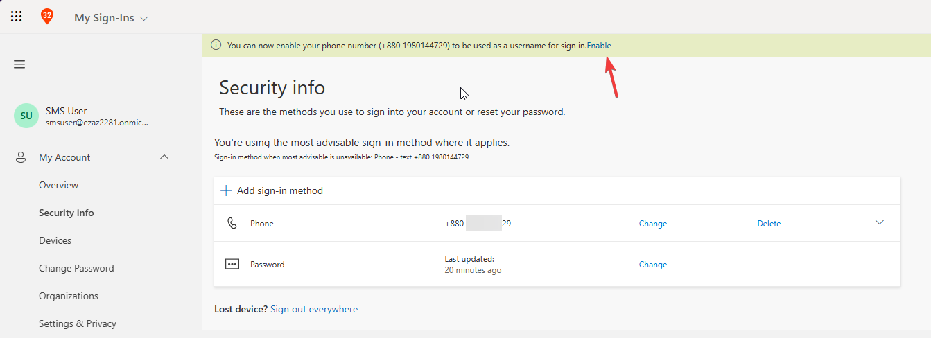 Banner appearing at the top of Security Info that reads now you can enable your phone number to be used as a username for sign in with an Enable button