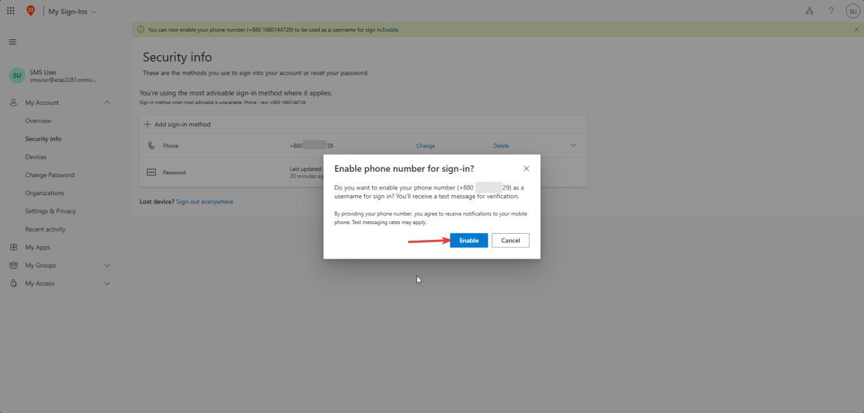Confirmation popup asking the user to confirm enabling phone number sign in with Enable button highlighted