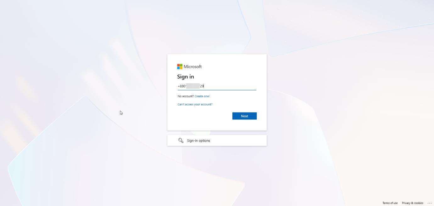Microsoft sign-in page in incognito with the registered phone number typed into the username field instead of a UPN
