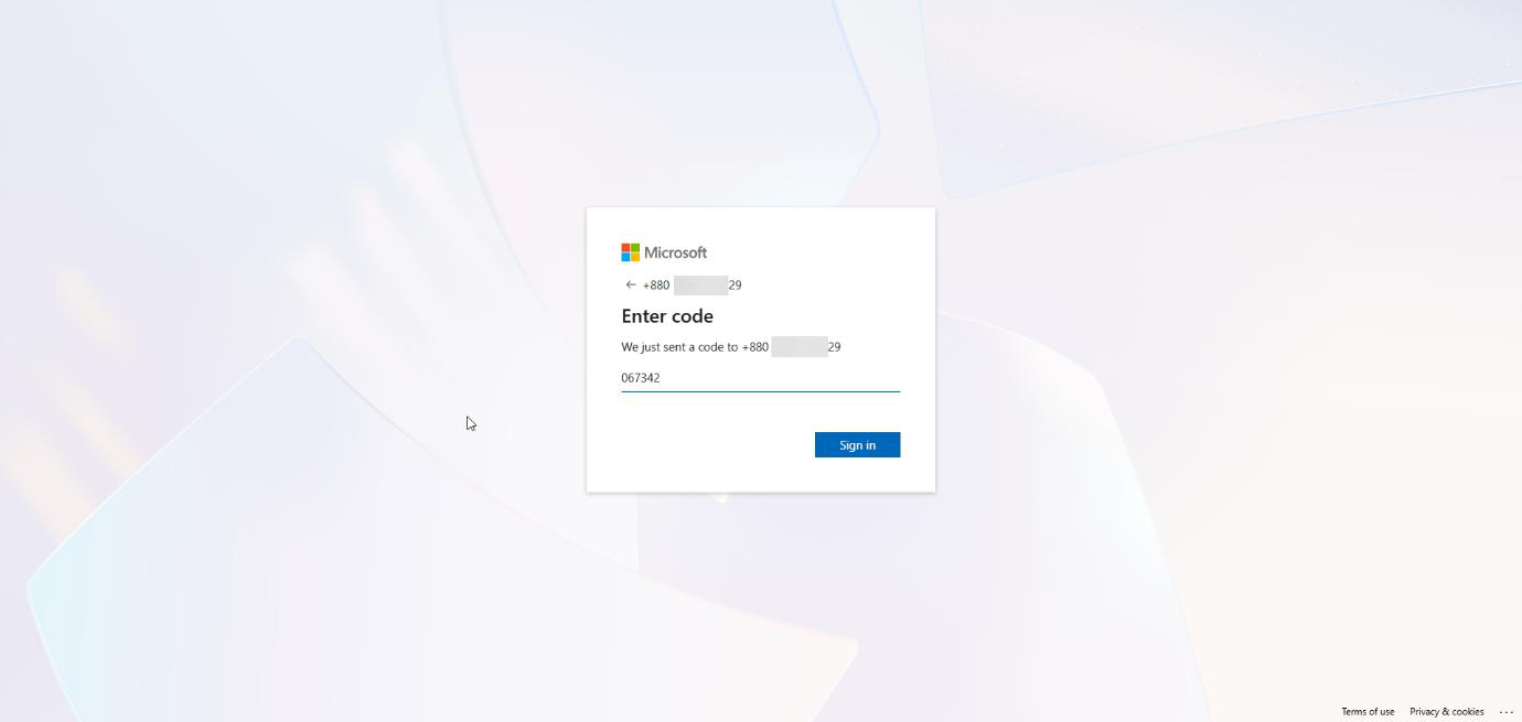 Enter code dialog showing the 6 digit SMS code field after the phone number was submitted as the username