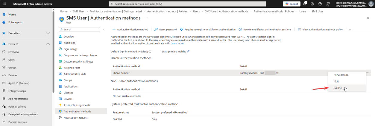 Authentication methods page with the active phone entry and the Delete option shown to revoke the SMS sign-in capability