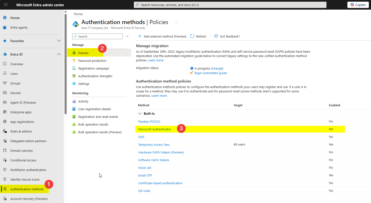 Entra admin centre Authentication methods Policies page with Microsoft Authenticator selected from the list of methods
