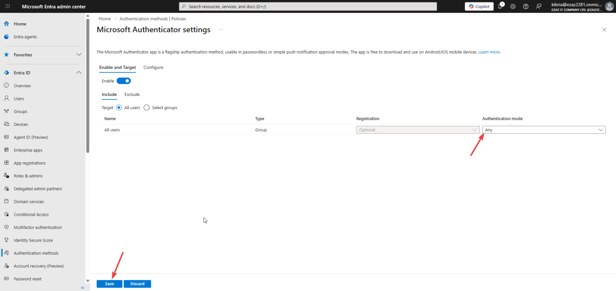 Microsoft Authenticator policy enable toggle on with target set to All users and Authentication mode dropdown set to Any