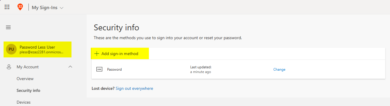 My account Security Info page with the Add sign-in method button highlighted at the top of the methods list