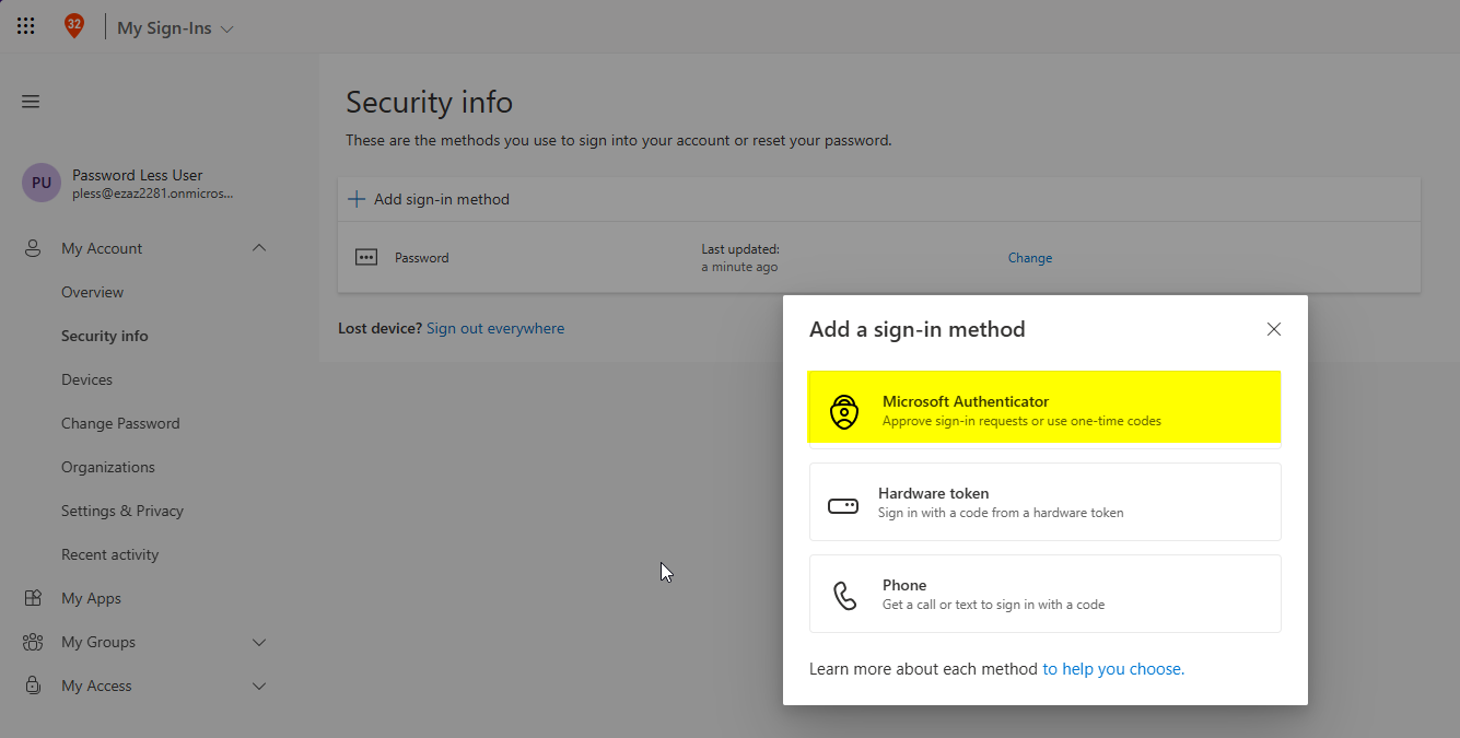 Add a method dialog showing the dropdown selector with Authenticator app option chosen and the Add button visible