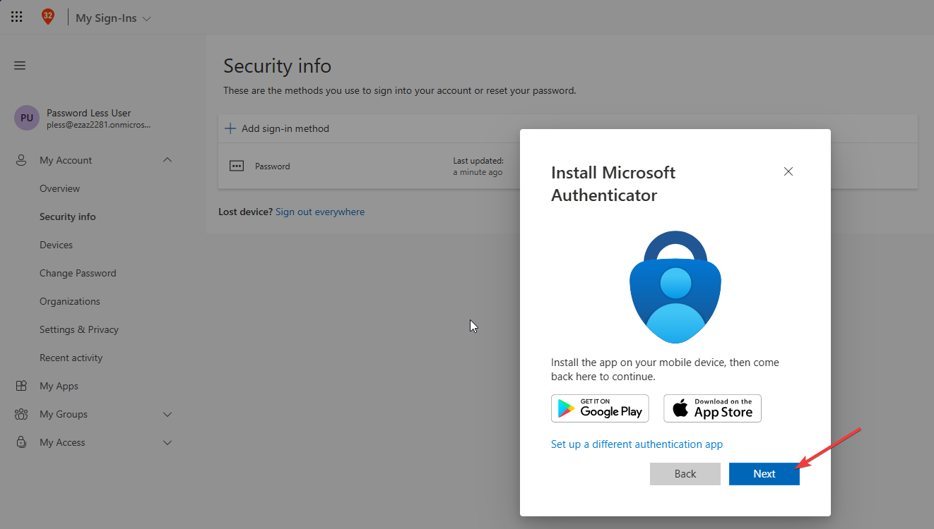 First setup screen reading Start by getting the app with a Next button to advance the registration wizard