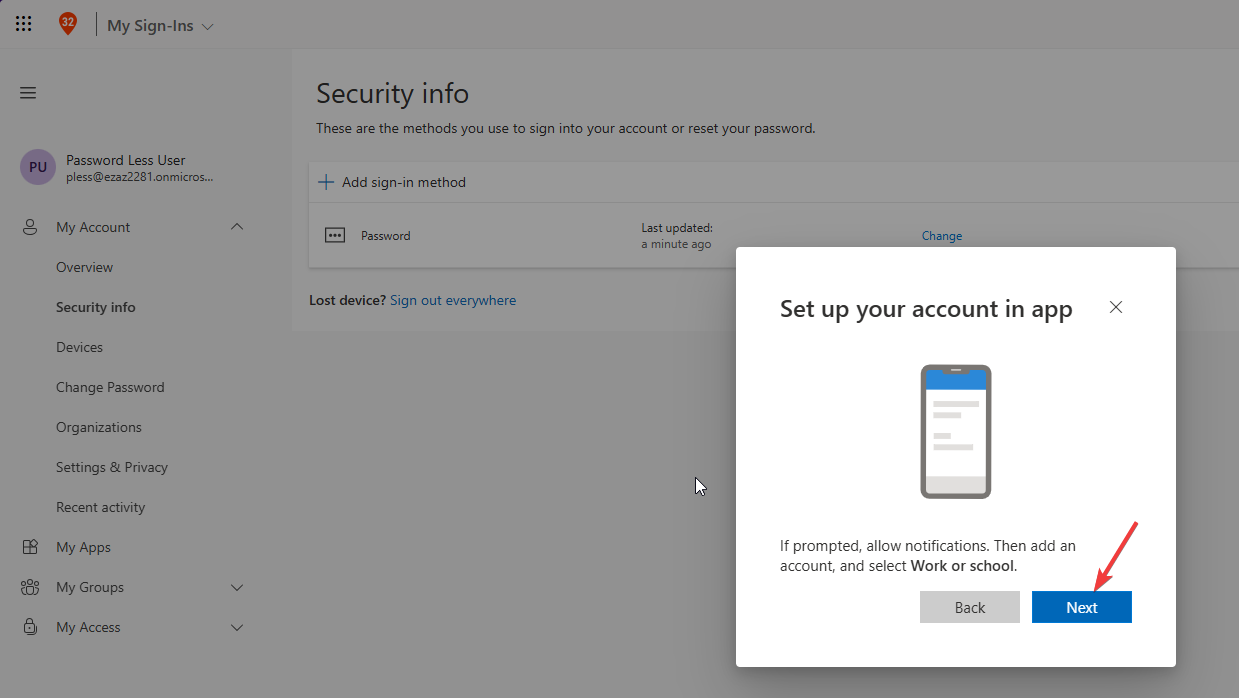 Set up your account screen with instructions to open the app on the phone and a Next button leading to the QR code