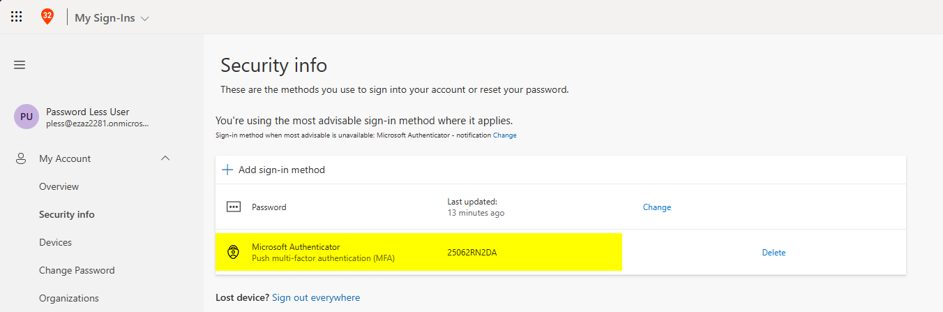Security info page after registration showing Microsoft Authenticator app listed as a registered sign-in method for the user