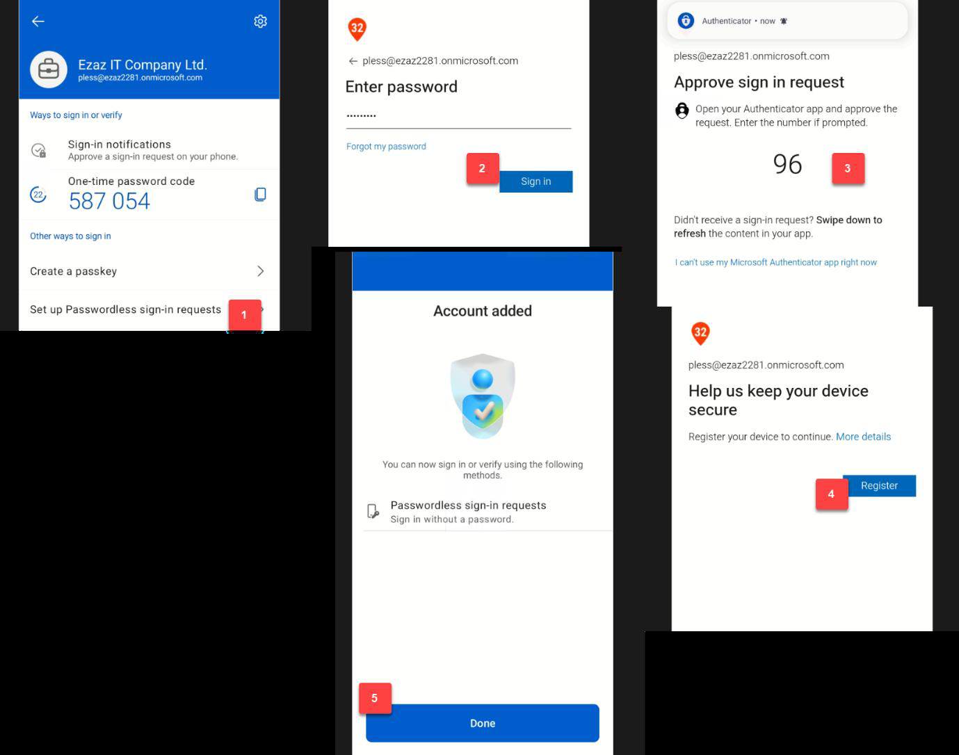 Microsoft Authenticator app on phone showing Set up passwordless sign-in option in the account details after tapping the work account
