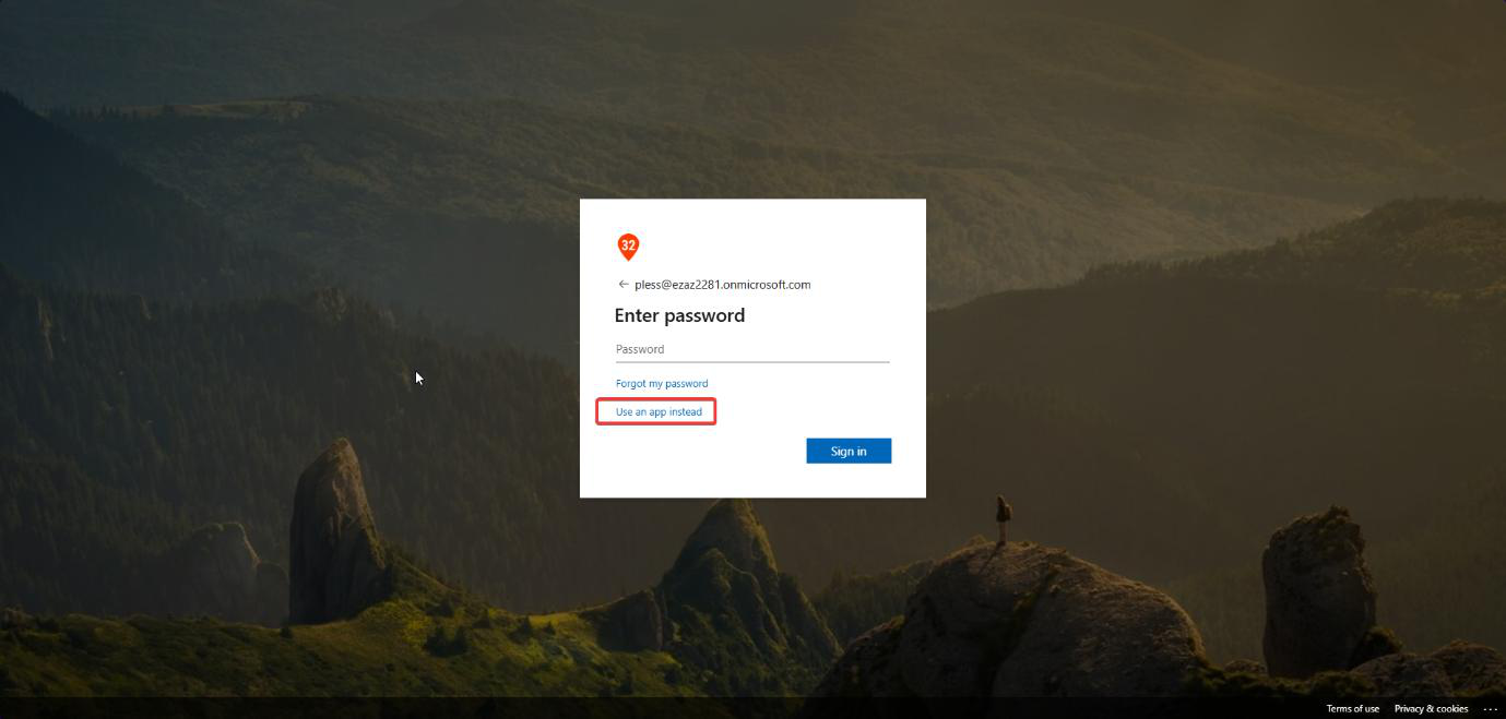 Sign-in password page in incognito browser with the Use an app instead link visible below the password field