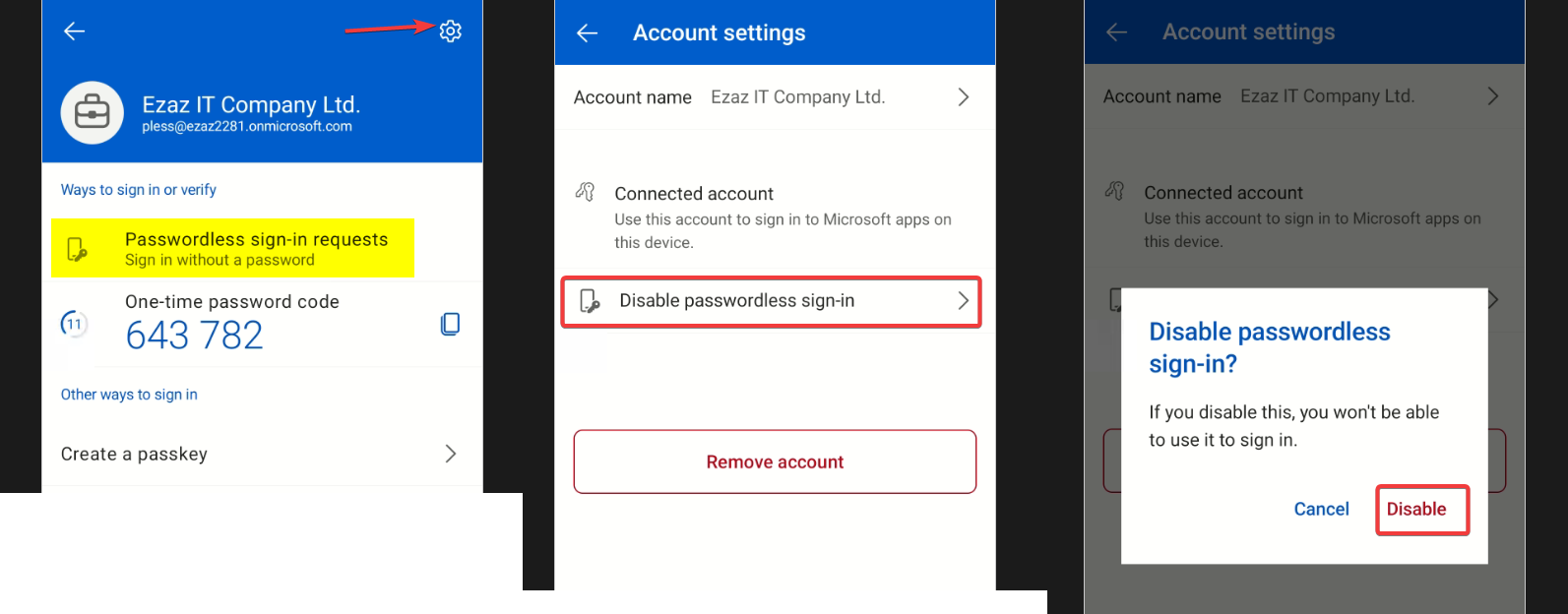 Microsoft Authenticator app settings showing the Disable passwordless sign-in option used to revert to standard password login