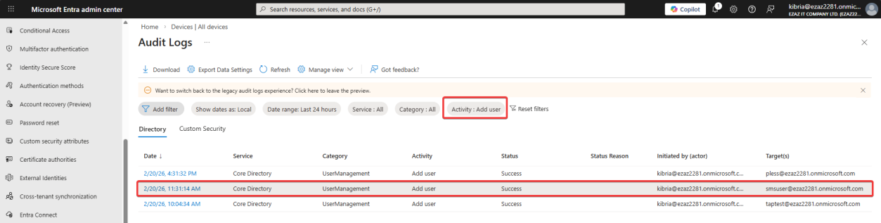 Audit logs filtered to Add user activity showing a single log entry with Service Core Directory Category User Management Status Success initiated by an admin and the new smsuser as Target