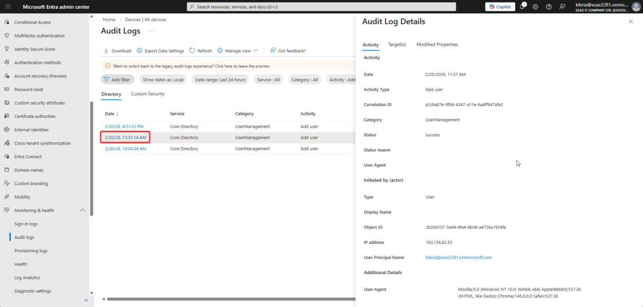 Audit log entry details pane open on the Activity tab showing date time status and the Correlation ID used by Microsoft Support