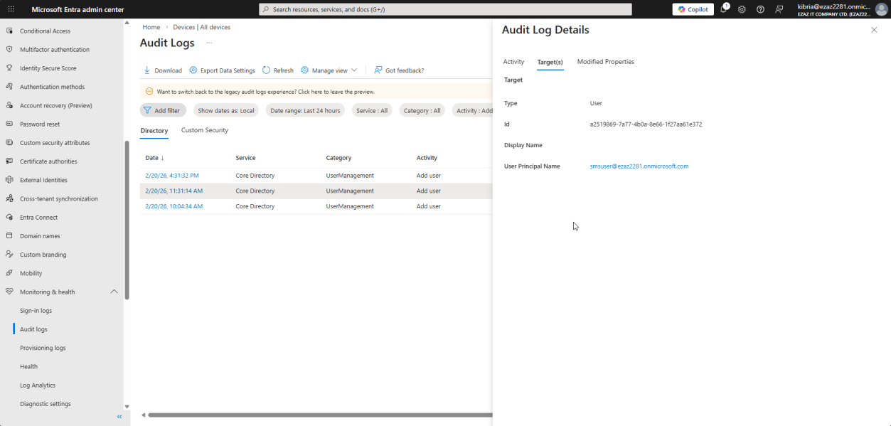 Audit log entry details pane open on the Targets tab showing Object ID and User Principal Name of the newly created smsuser account