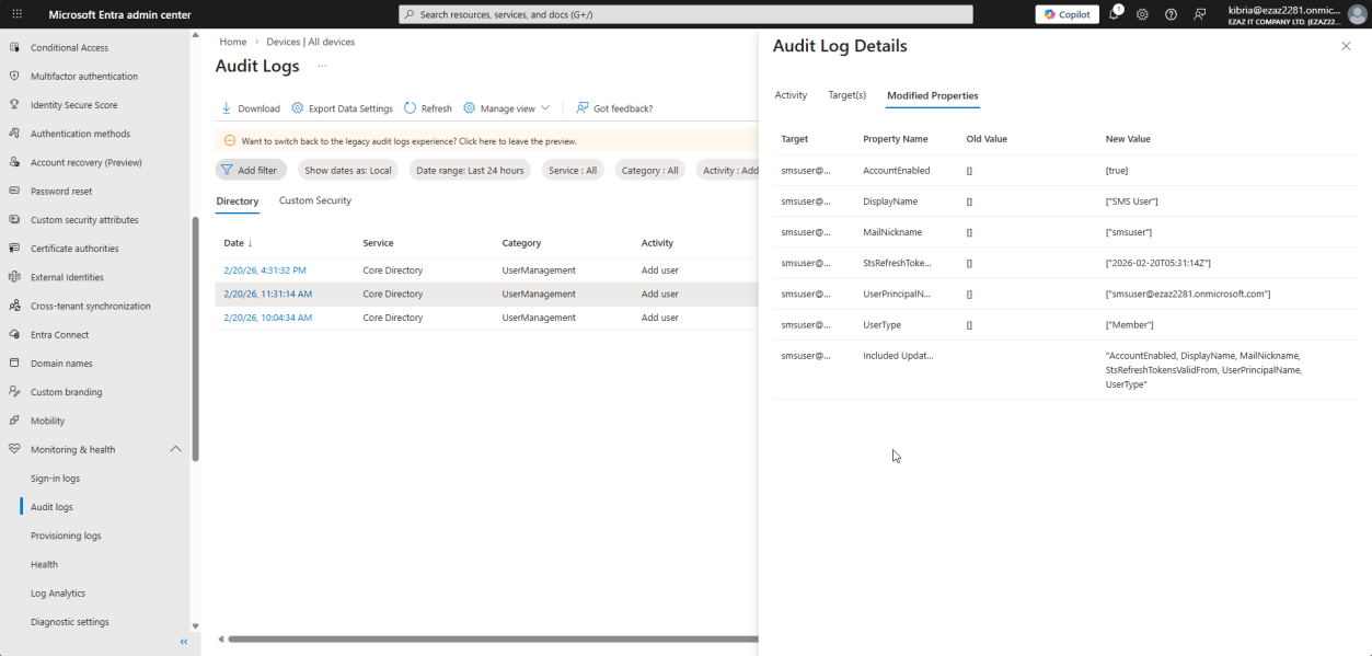 Audit log entry details pane open on Modified Properties tab showing the attribute changes from old value to new value during user creation