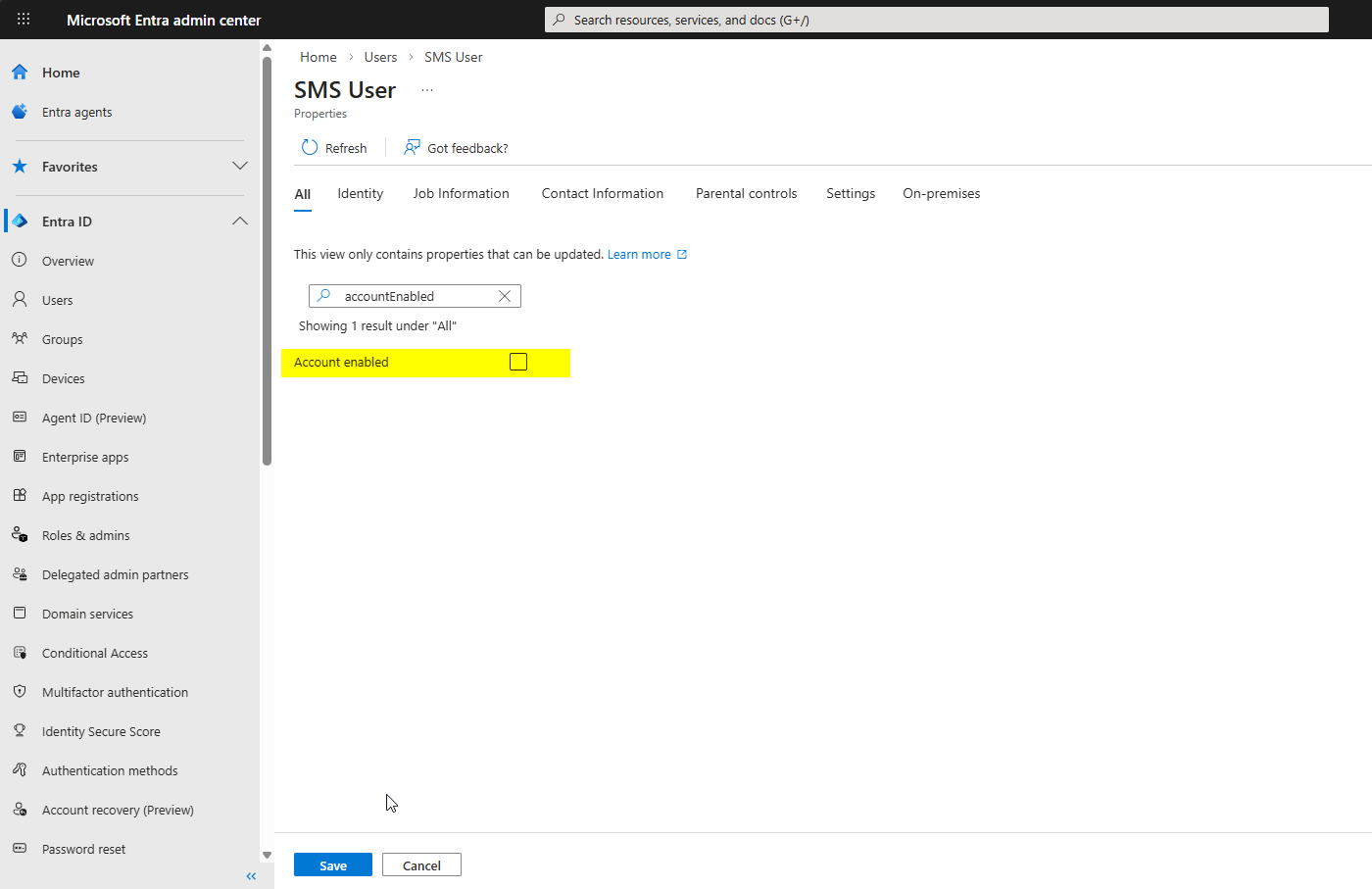 User profile page with the Block sign-in toggle being switched to Yes to disable the user account
