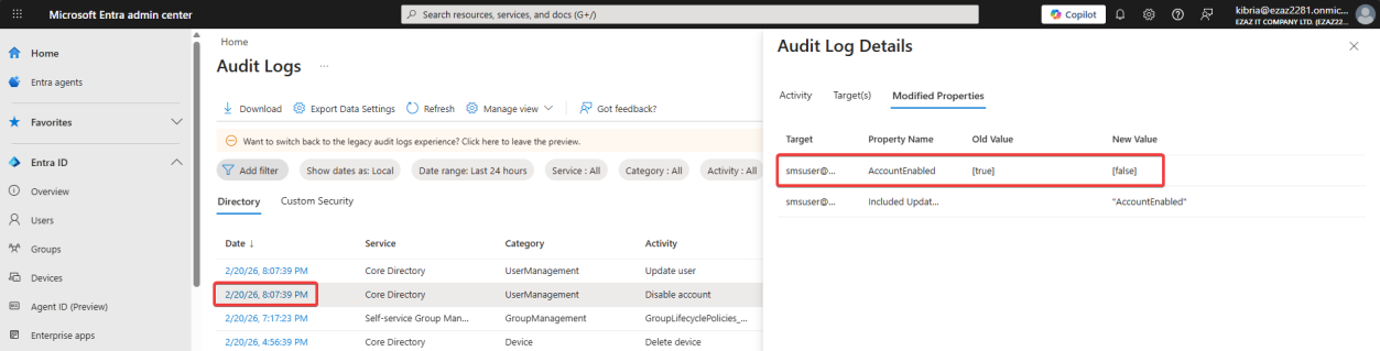 Audit log Modified Properties tab for an Update user activity showing accountEnabled changing from True to False after the disable action