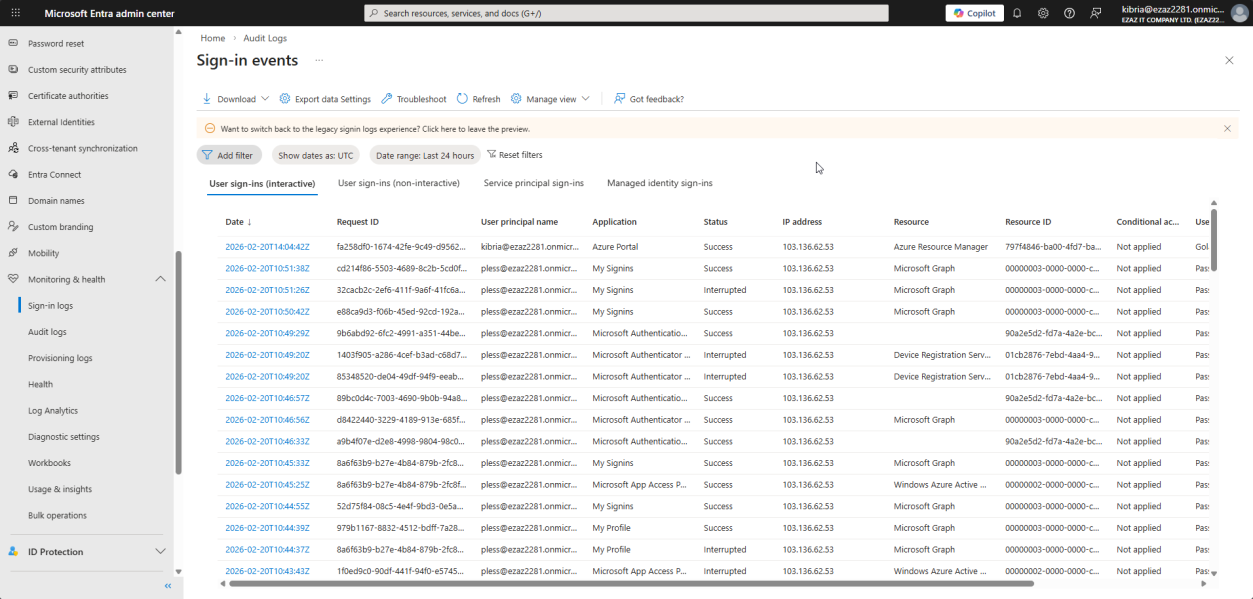 Sign-in logs page top tabs visible showing Interactive Non-interactive Service Principal and Managed Identity sign-in categories