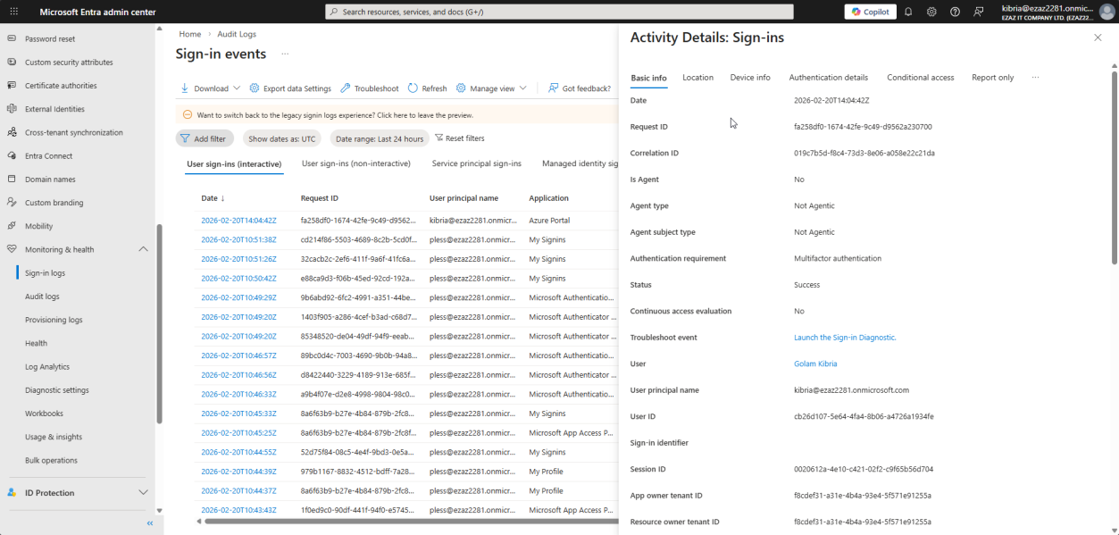 Single sign-in log details page showing the six tabs Basic Info Location Device Info Authentication Details Conditional Access and Report Only