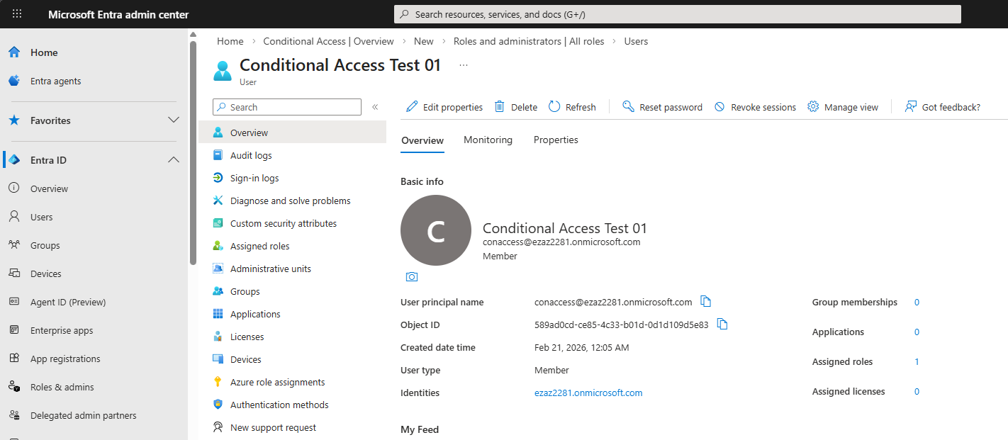 Entra admin centre New user creation form with conaccess as the user principal name being created in the test tenant