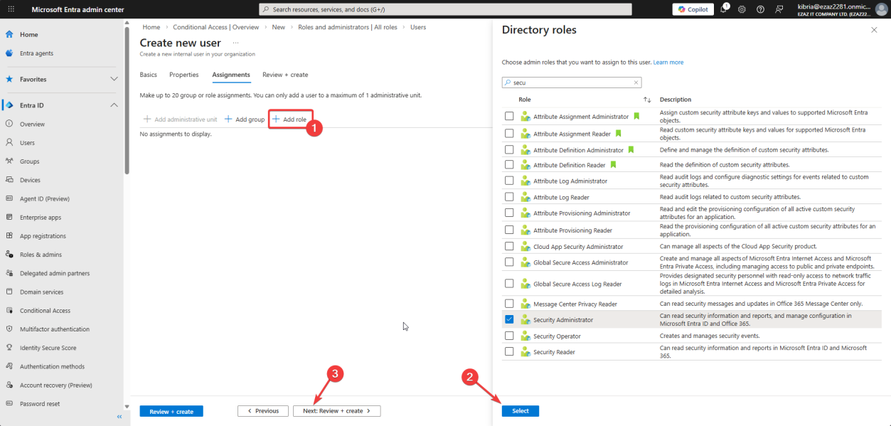 Add user wizard Assignments step with Add role panel open and Security Administrator role being checked from the role list