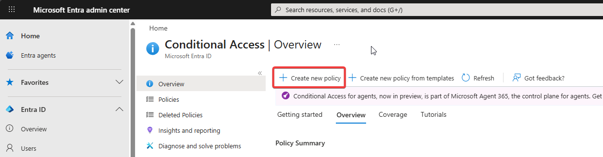 Conditional Access Policies page empty with the Create new policy button highlighted at the top of the page