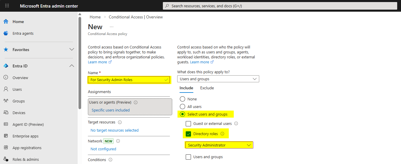 Conditional Access policy Users blade Include tab with Select users and groups expanded Directory roles checkbox ticked and Security Administrator chosen