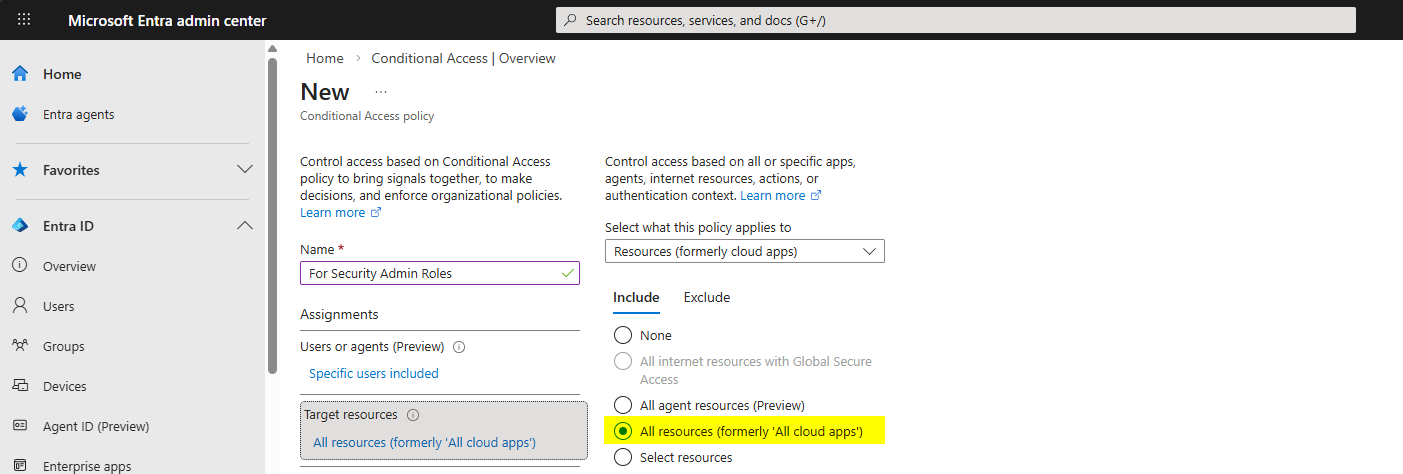 Conditional Access policy Target resources blade with All cloud apps option selected as the protection scope