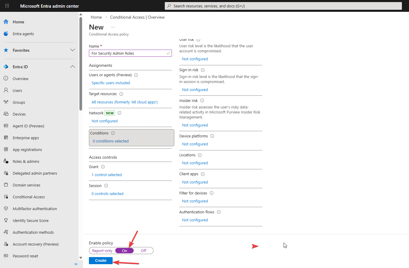 Conditional Access policy bottom of the page with Enable policy toggle set to On and the Create button visible