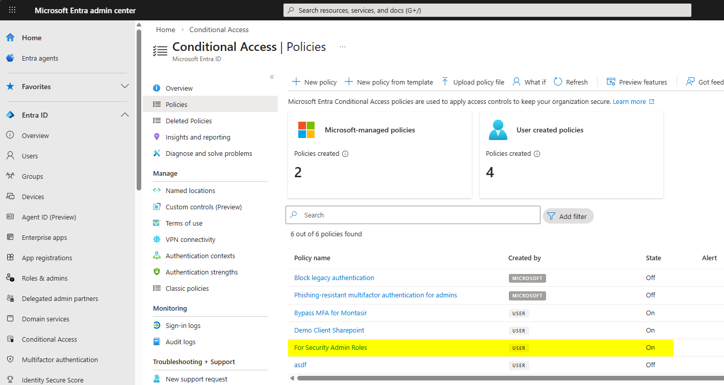 Conditional Access dashboard with the new For security admin roles policy listed and its State column showing On