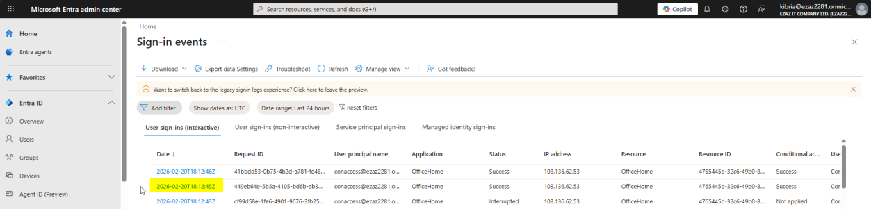 Sign-in logs page filtered to the conaccess user showing the most recent successful interactive sign-in entry