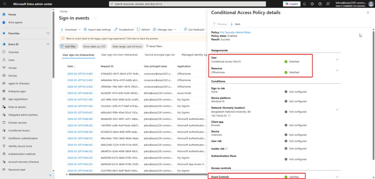Conditional Access policy detail pane showing User and Resource criteria as Matched and the Grant Controls Require MFA marked Satisfied