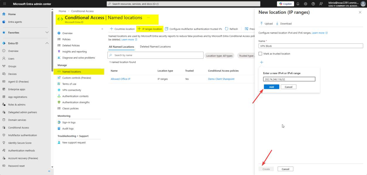New IP ranges location dialog with name set to Blocked VPN IP and the public IP address being entered before clicking Create