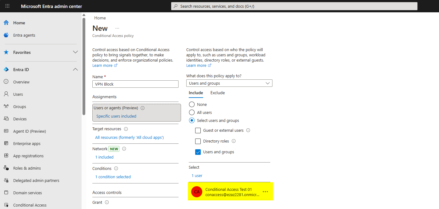 Conditional Access policy Users blade Include tab with conaccess test user selected as the target for the block policy