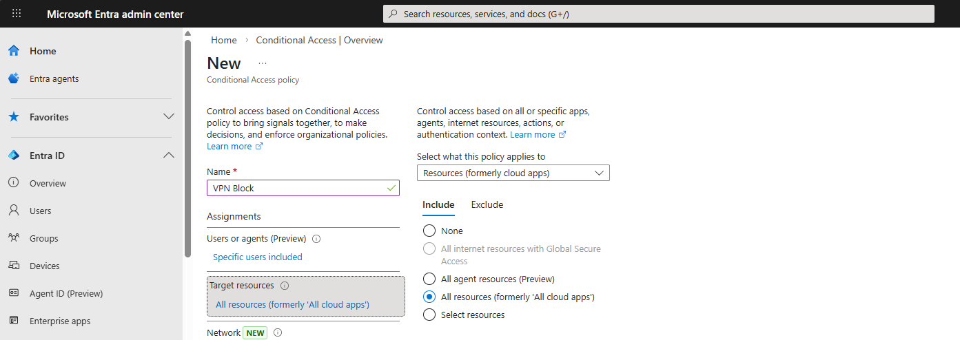 Conditional Access policy Target resources blade with All cloud apps selected to ensure full tenant block coverage