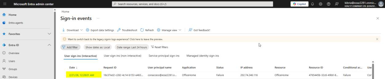 Sign-in logs page showing the failed login entry with Failure status from the conaccess user being blocked by the policy