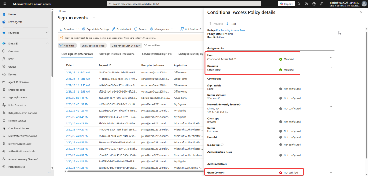 Sign-in log details Conditional Access tab for the For security admin roles MFA policy showing Not Satisfied because Block already won the evaluation