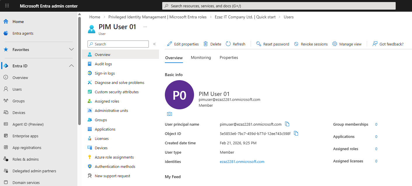 Entra admin center sign-in page where the test user pimuser is being authenticated to confirm the starting state