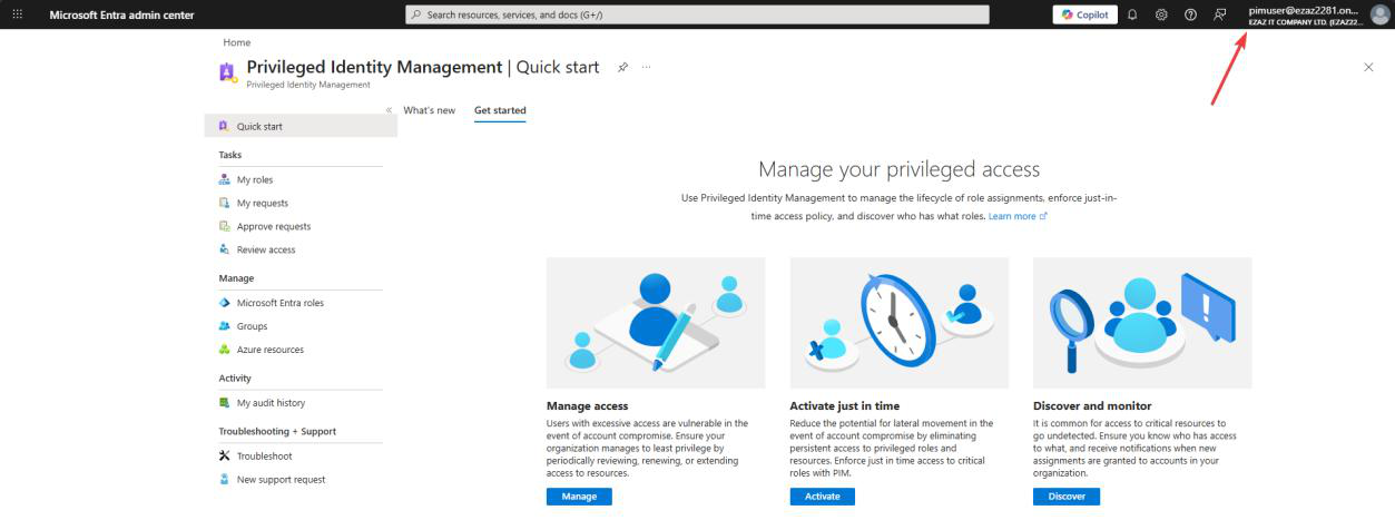 Entra portal search bar with Privileged Identity Management typed and the matching service result highlighted