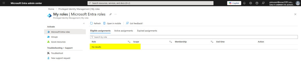 PIM My roles Microsoft Entra roles tab showing the test user has zero roles assigned at this point