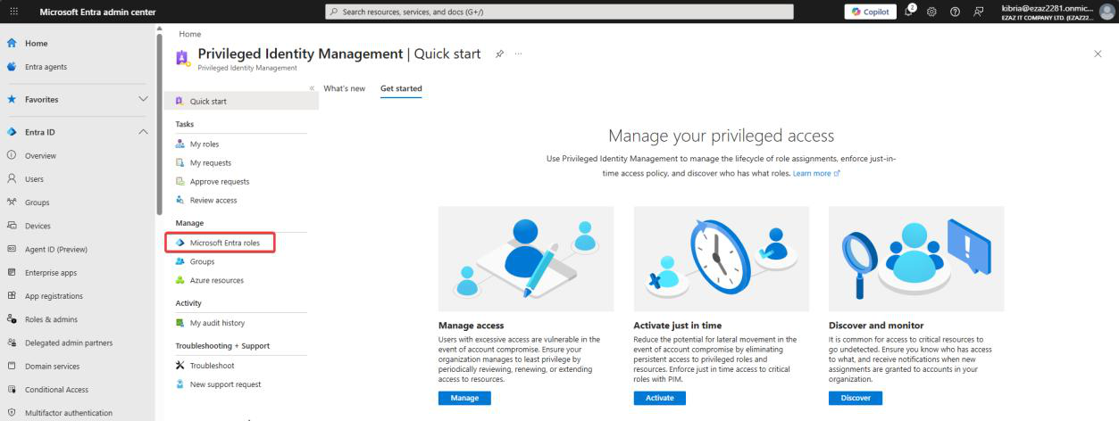 PIM Microsoft Entra roles dashboard from the Global Admin perspective showing role count and overview tiles