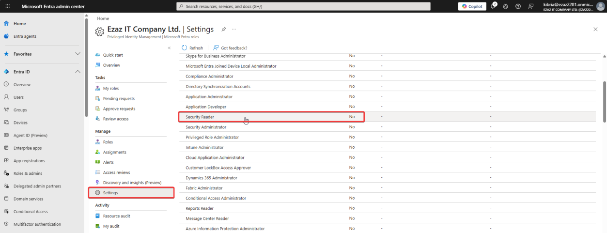 PIM Settings list with Security Reader role being selected from the alphabetical role list to configure