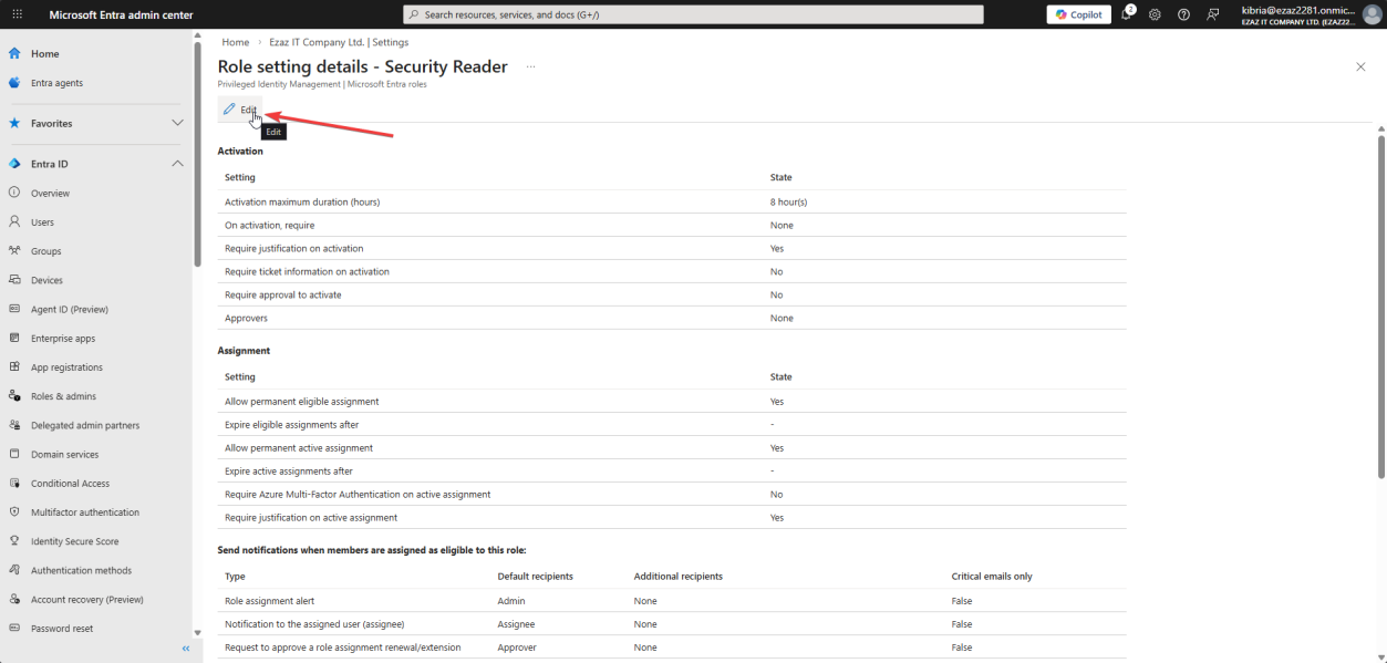 Edit role settings Activation tab with maximum activation duration slider set to 8 hours and MFA option visible