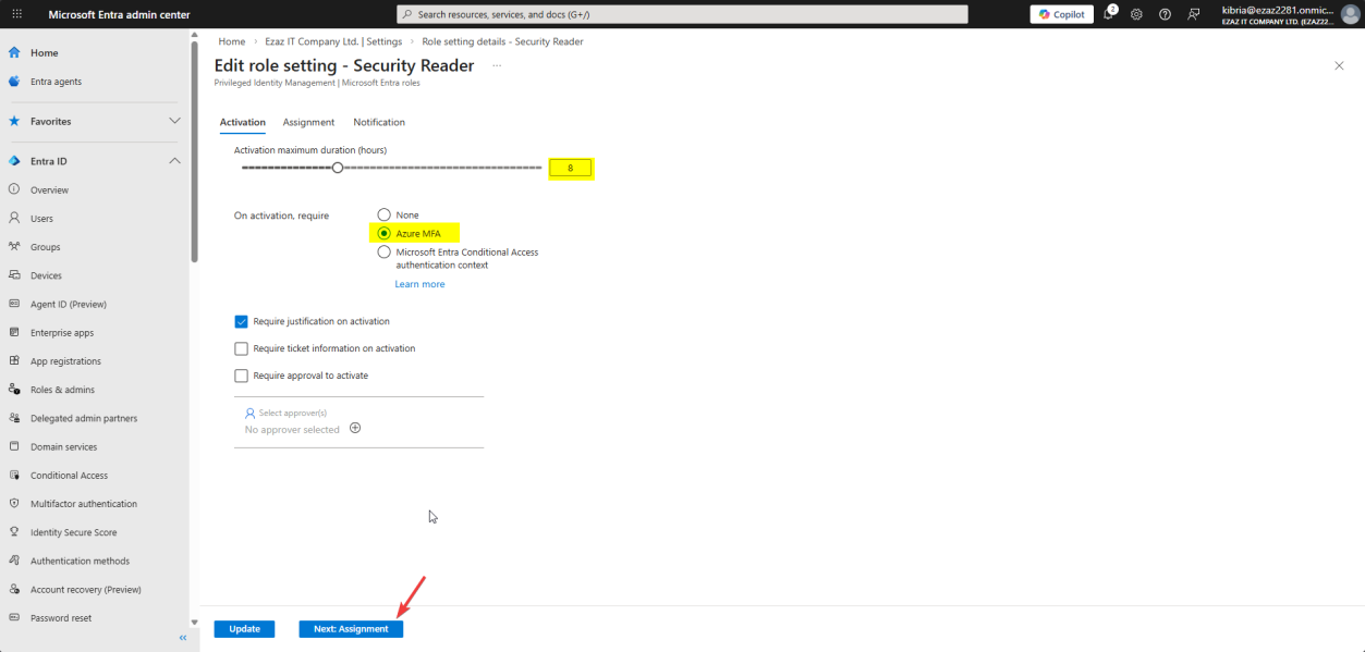 Activation tab with Require Azure MFA on activation and Require justification on activation checkboxes both ticked