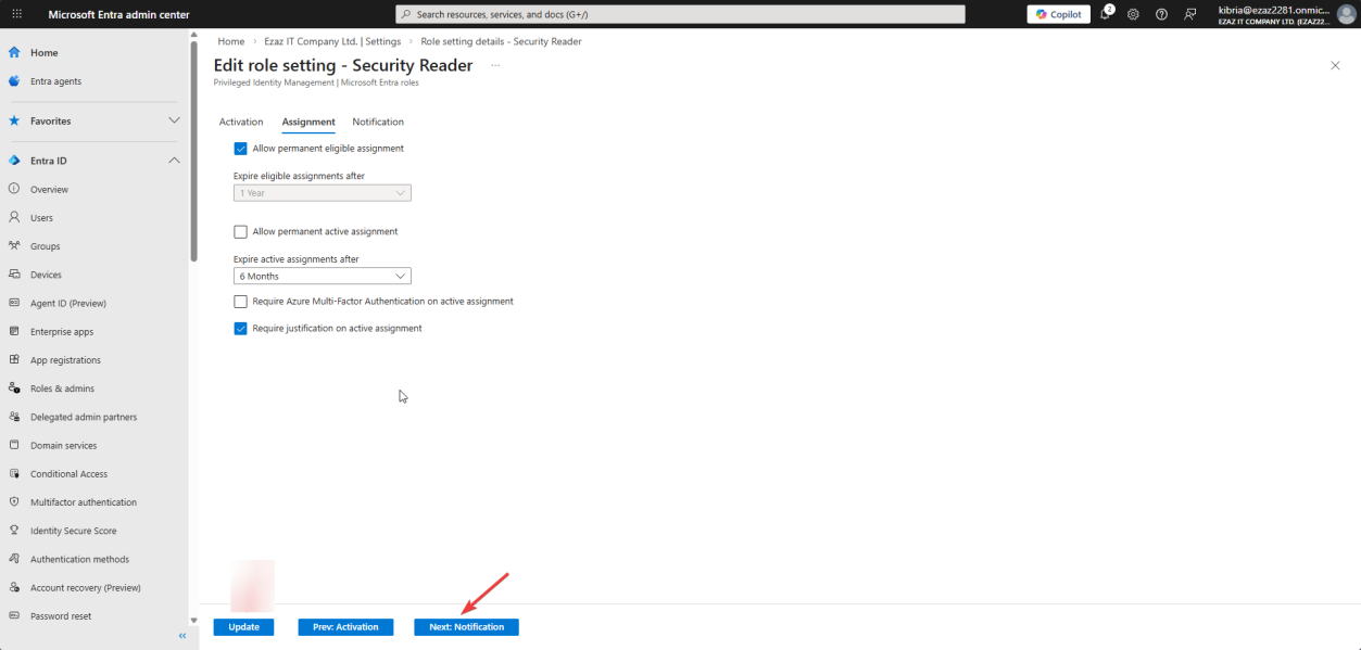 Assignment tab showing Allow permanent eligible assignment checked and Allow permanent active assignment unchecked