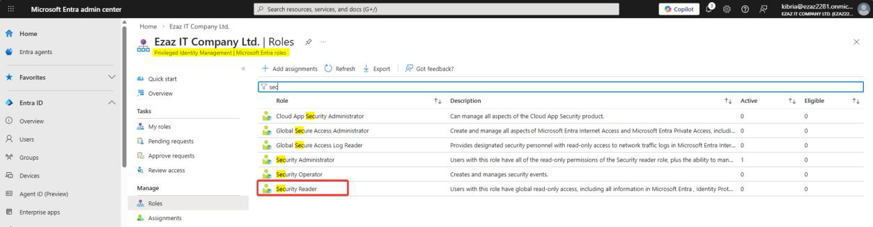 PIM Manage section Roles list with Security Reader being selected to add a new assignment for a test user