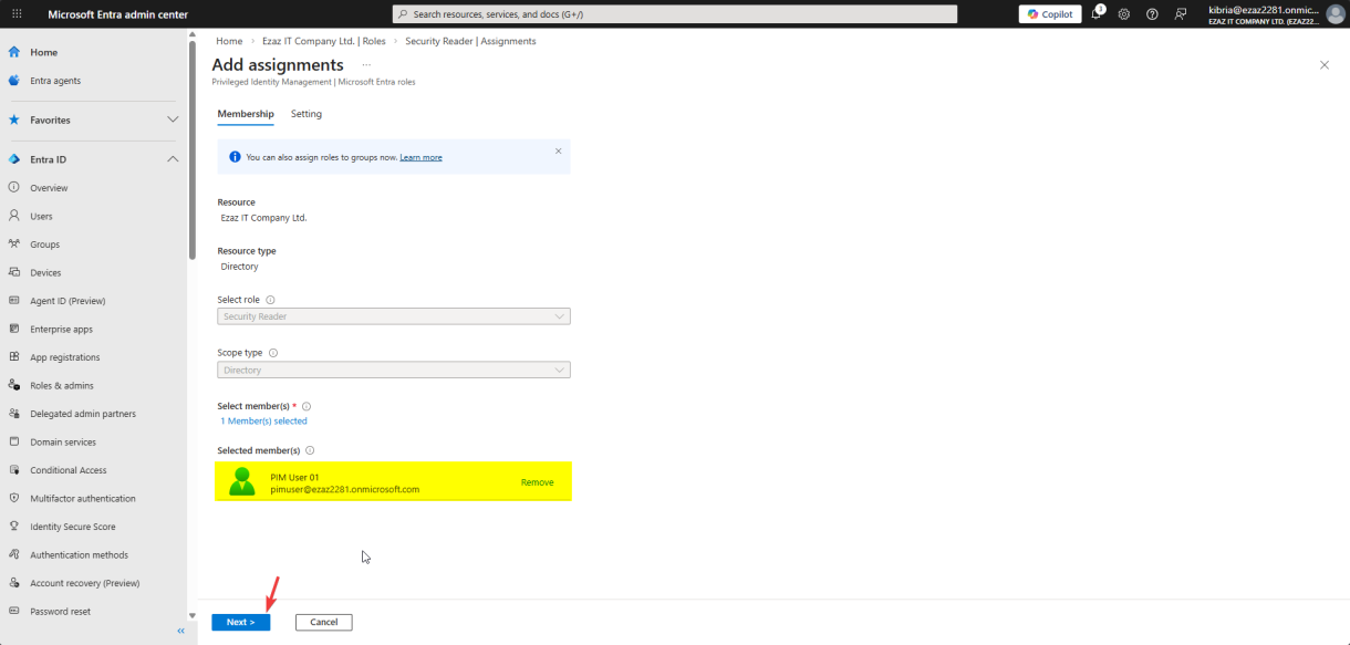 Select a member dialog with pimuser typed into the search field and the matching account selected from results